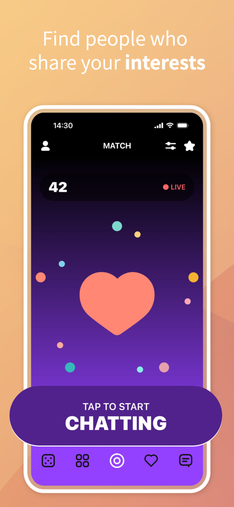 Zingy - Love at First Chat - Zingy app interface displaying a heart icon and a tap to start chatting button on a dark purple background