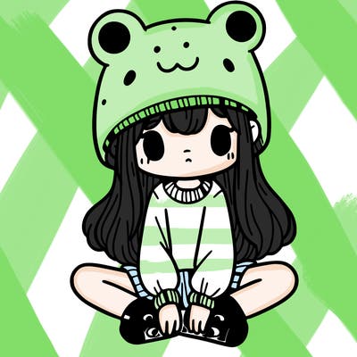 a girl wearing a frog hat and some frog socks