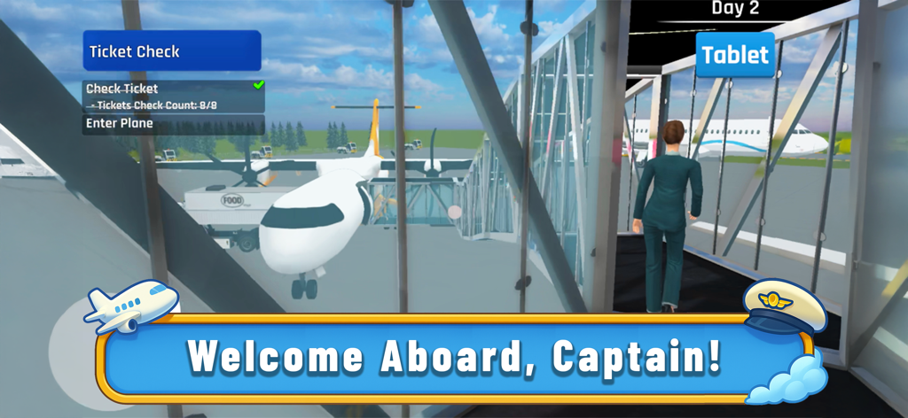 Cabin Crew Simulator - A flight attendant walking through a jet bridge to board an airplane in the Cabin Crew Simulator game