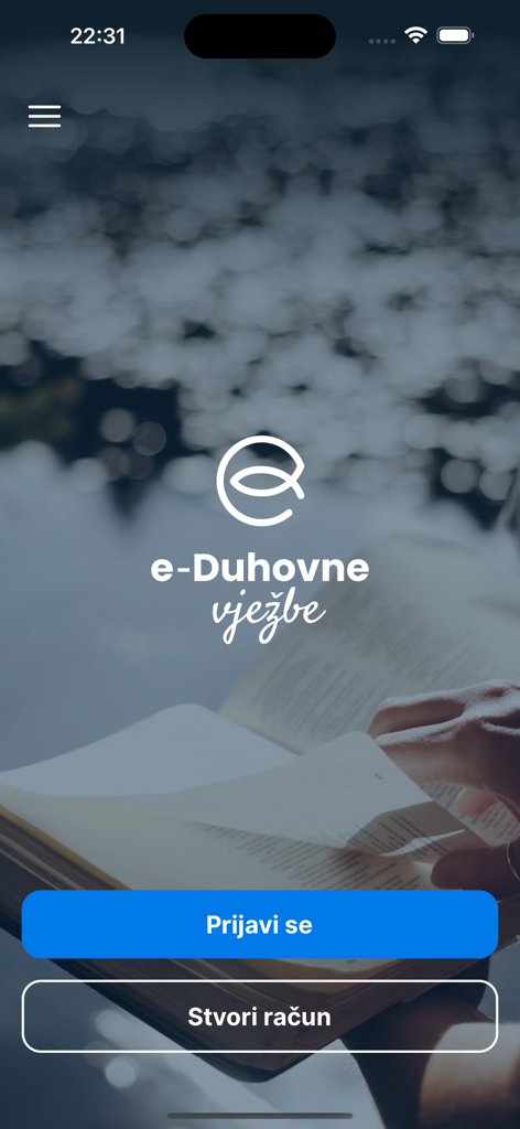 The login and registration screen of the e-Duhovne vjezbe spiritual exercises mobile app