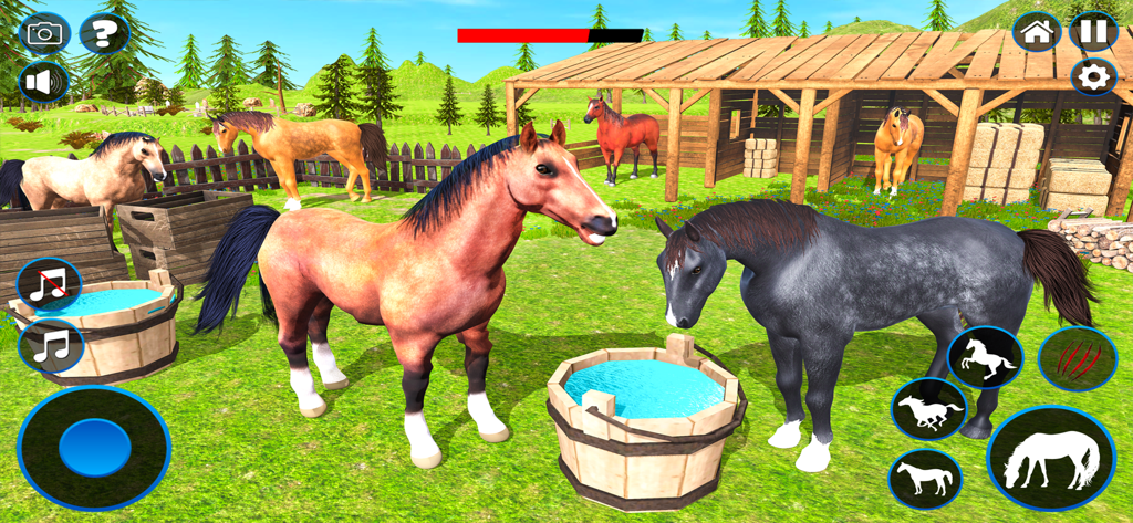 Wild Horse Games Survival Sim - Caballos parados en un rancho con establos de madera y cubos de agua.