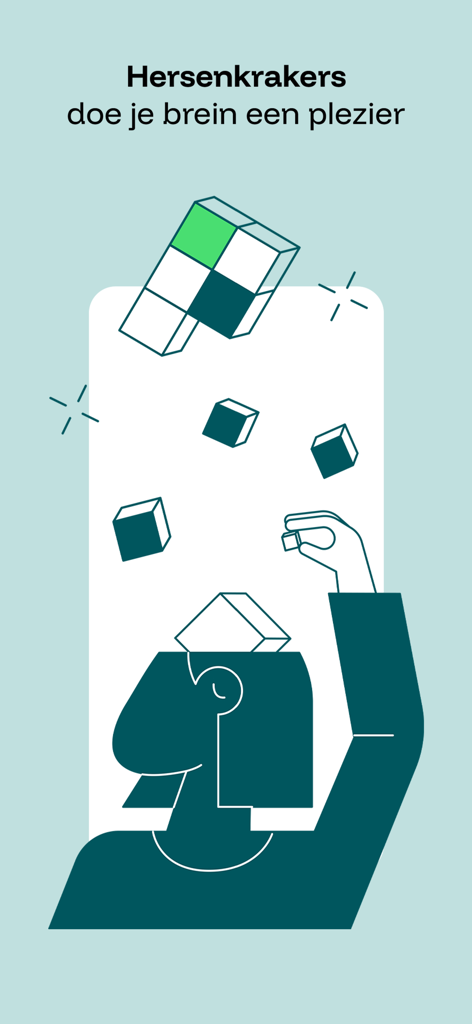 Puzzelfit België - Ilustración estilizada de una persona colocando bloques de puzles en su cabeza con el texto en neerlandés Hersenkrakers doe je brein een plezier.