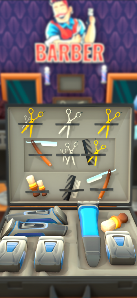 Fade Master 3D: Barber Shop - Un maletín de barbero profesional abierto que presenta varias tijeras, peines, navajas de afeitar y cortadoras de pelo eléctricas.