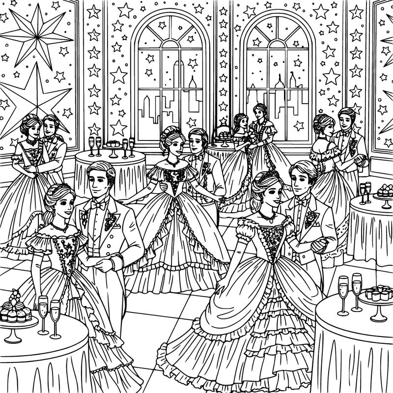 group of multiple couples dressed in fancy clothes, they are at a gala.  there are stars on the walls, tables, and windows
