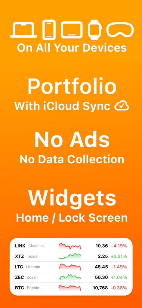 An overview of Crypto Pro features including iCloud sync, privacy protection, and customizable home screen widgets.