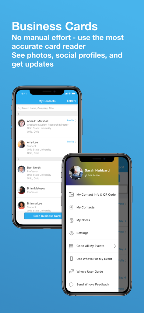 Whova - Event & Conference App - Whova app interface showing the business card scanner feature and contact list for professional networking