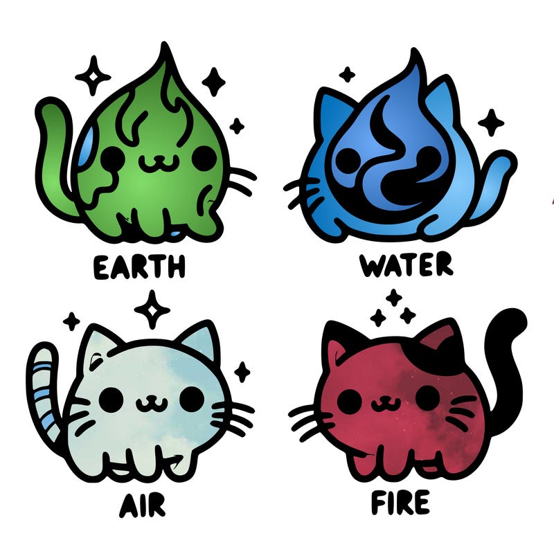 4 cats that represent the different elements, earth, water, air, and fire