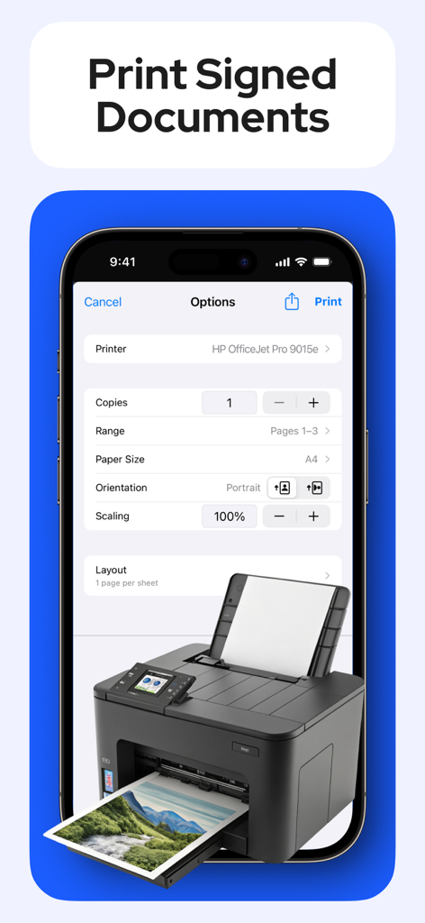 モバイルデバイスから署名済みPDF書類を印刷するオプションを表示するインターフェース