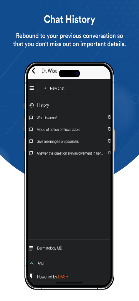 Dr.Wise - Dr. Wise app chat history interface showing previous medical search queries and student interactions.