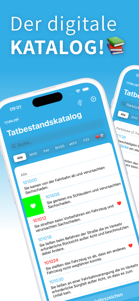 Tatbestandskatalog - Mobile app interface showing a searchable list of German traffic law violations and fines
