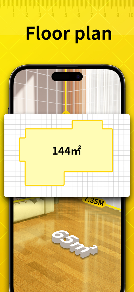 Level Tool・Tape Measure・AR App - Smartphone screen showing a digital floor plan and AR area measurement of a room in square meters.