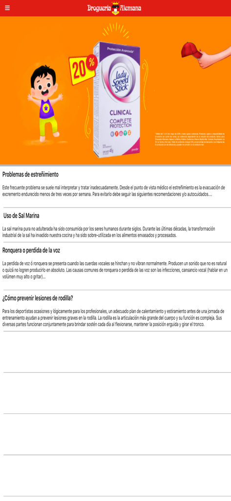 Droguería Alemana - Pharmacy app screen displaying health articles on constipation and knee injuries with a product discount banner
