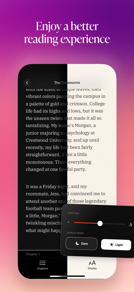 Interface do aplicativo Fate mostrando personalização de leitura com opções de modo escuro e claro