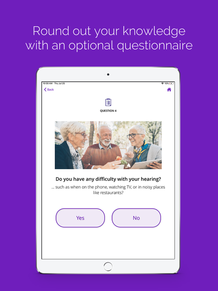 SHOEBOX QuickTest app displaying a hearing difficulty questionnaire screen on an iPad