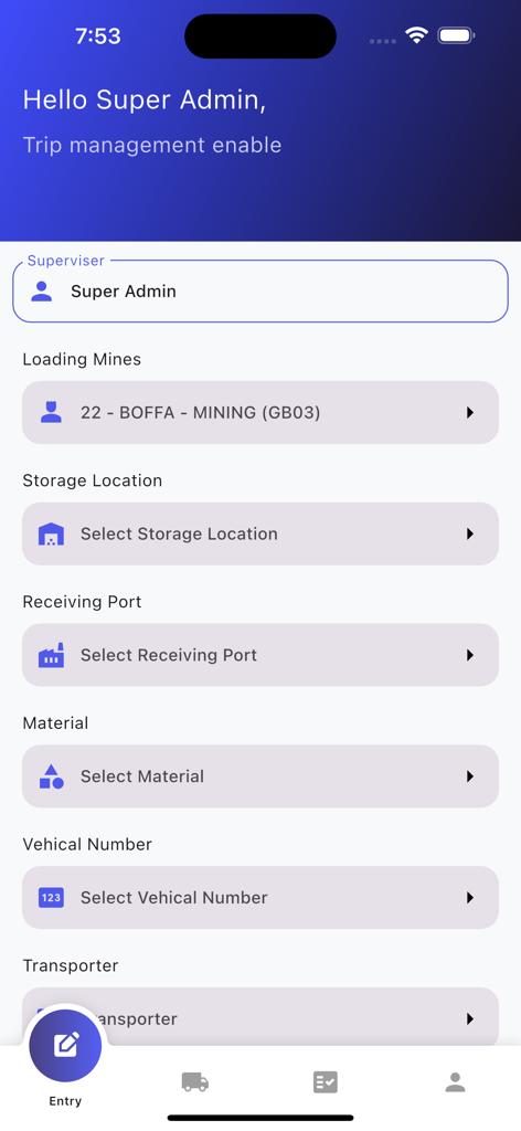 Terra Track - Pantalla de entrada de datos de gestión de viajes en la aplicación Terra Track mostrando campos para minas de carga, ubicación de almacenamiento y detalles del vehículo.