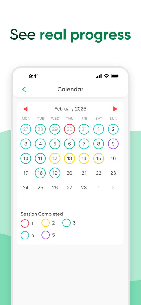 Kegel Trainer PFM Exercises - Una vista de calendario en la aplicación Kegel Trainer que muestra las sesiones de ejercicio del suelo pélvico rastreadas y el progreso diario.