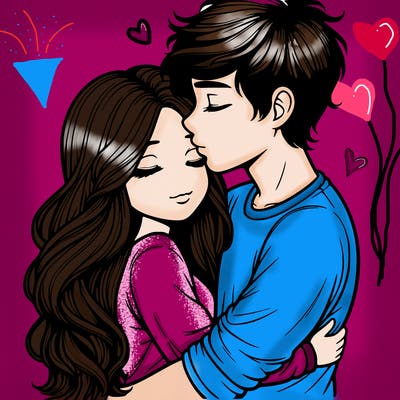 a realistic couple boy and girl hugging and kissing
