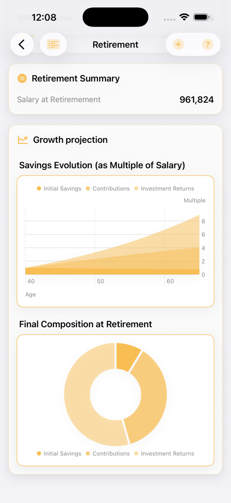 FinCalc retirement planning screen showing savings evolution growth chart and final savings composition donut graph