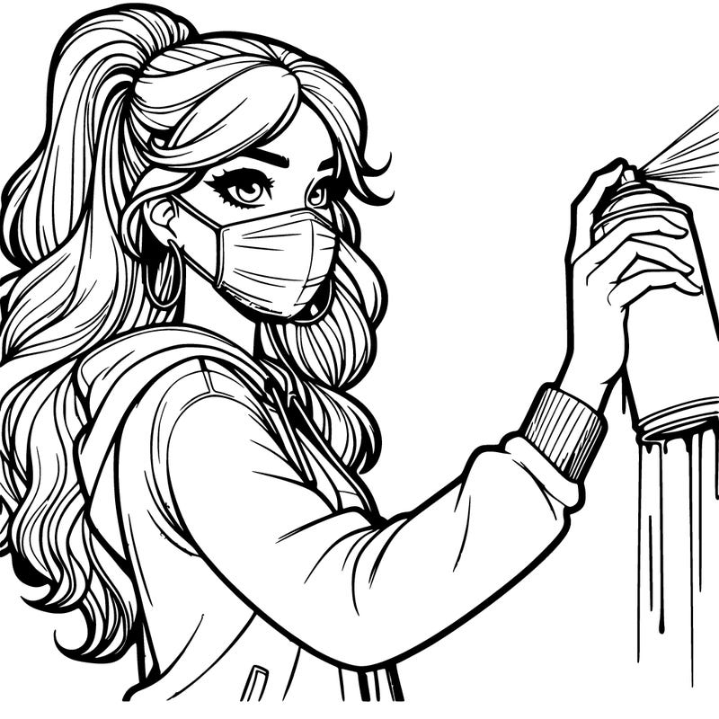 realistic girl with mask spray painting a wall