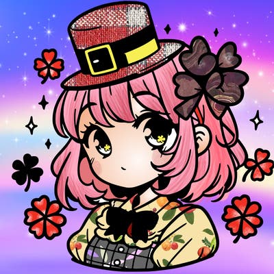 a manga-style girl with clovers around her, a little hat in her hair, like it's saint patrick's day