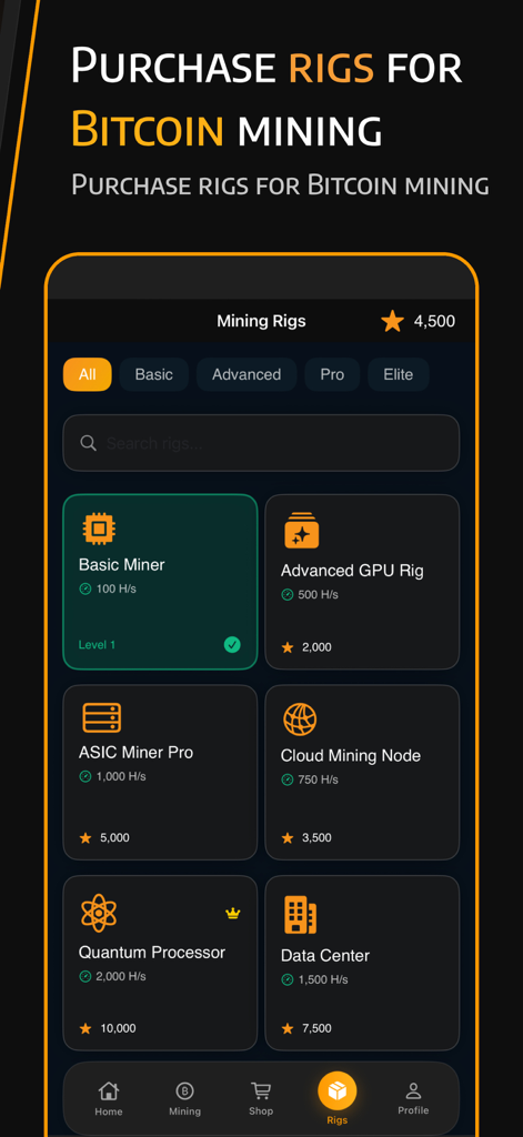 BTC Miner · Bitcoin Mining - Interface for purchasing virtual mining rigs with different hash rates in the BTC Miner app