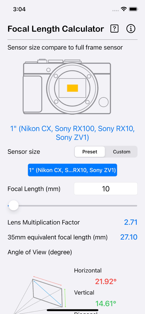 1インチカメラセンサーの35mm換算変換を示す焦点距離計算機モバイルアプリのインターフェイス