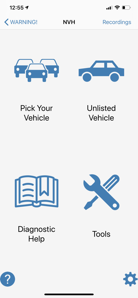 車両診断分析用NVHアプリのメインメニュー