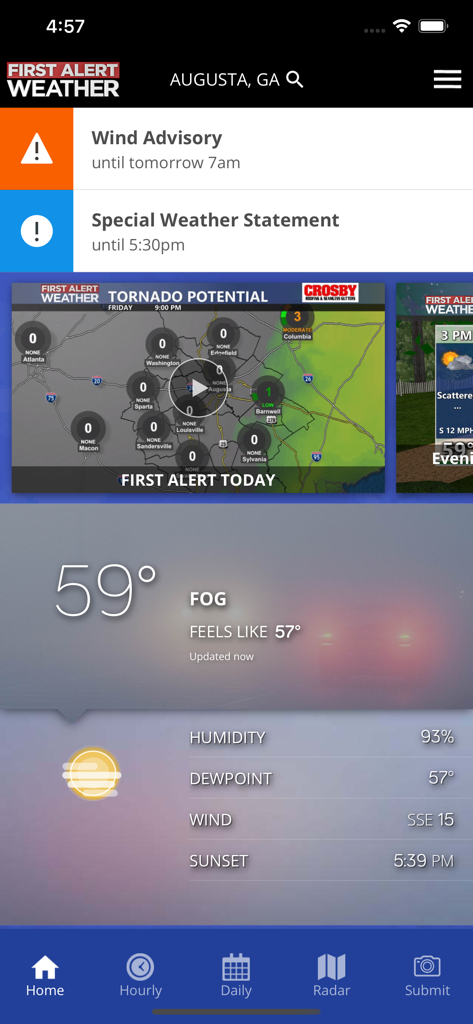 WRDW First Alert Weather app interface showing current fog conditions and severe weather alerts for Augusta Georgia