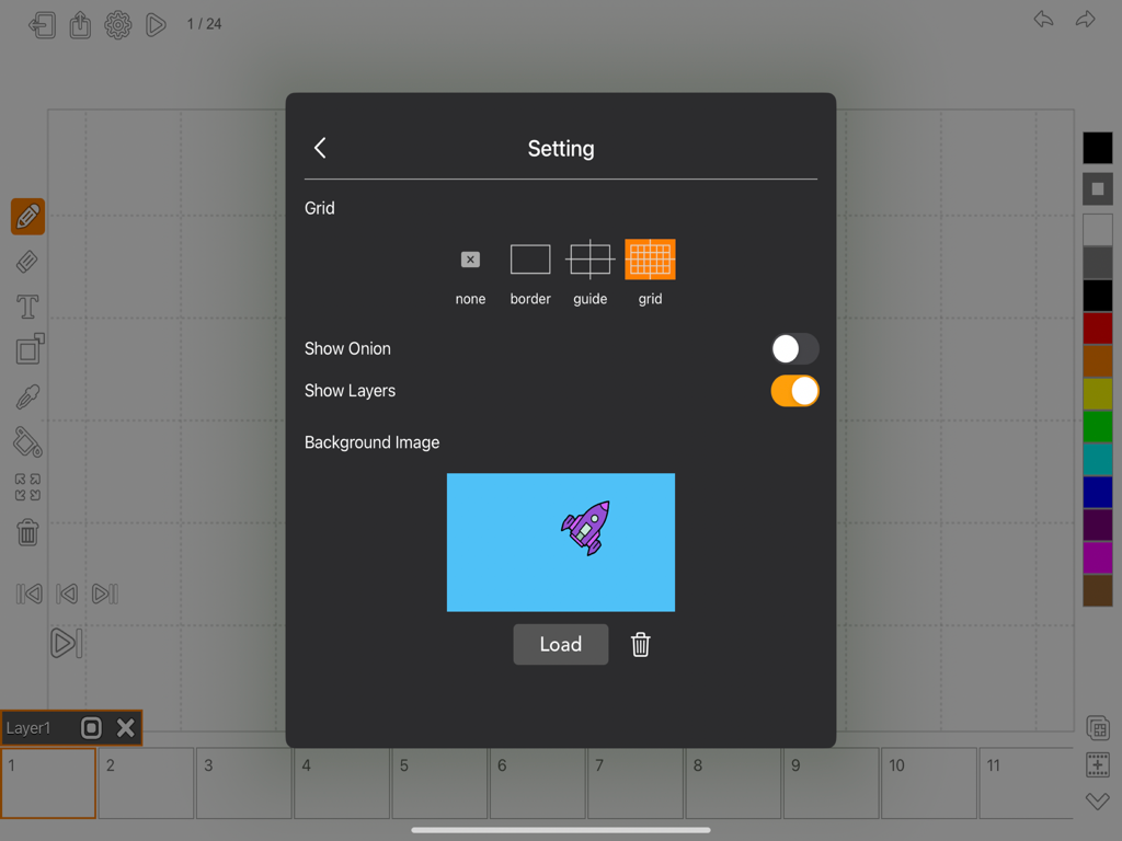 Animator Plus - Settings menu in Animator Plus showing grid options and background image selection for animation projects.