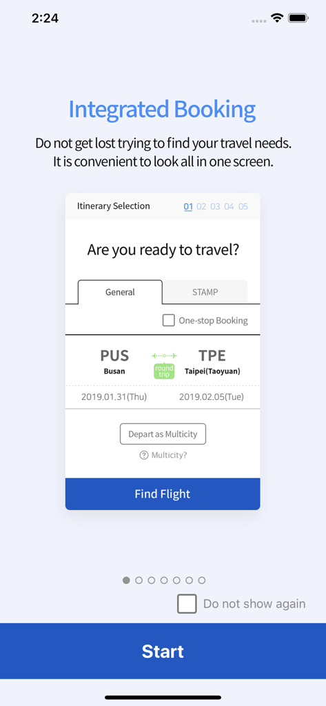 에어부산 앱 통합 예약 화면, 부산발 타이베이행 항공편 검색 인터페이스 표시