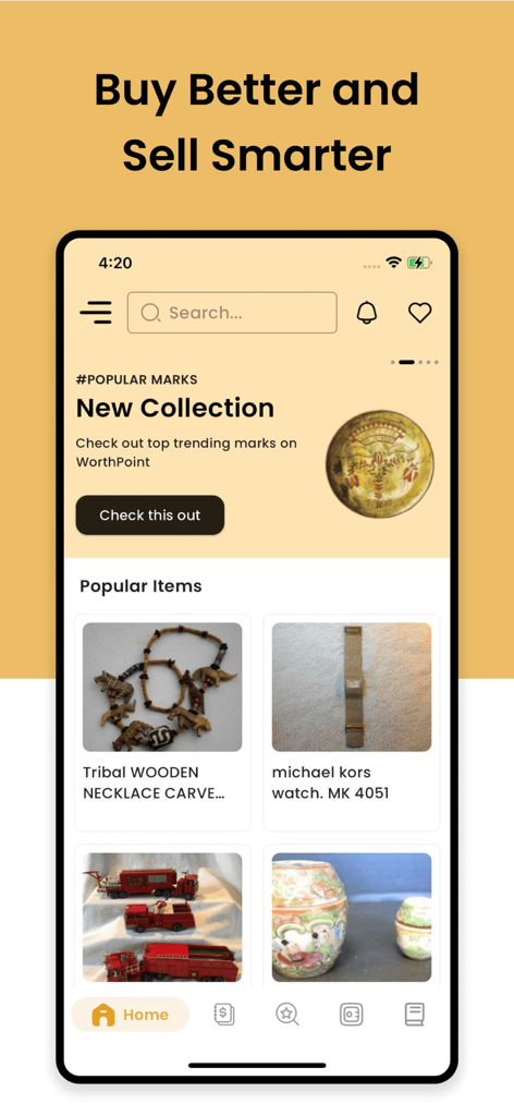 WorthPoint mobile app home screen showing popular collectibles and pricing search tools