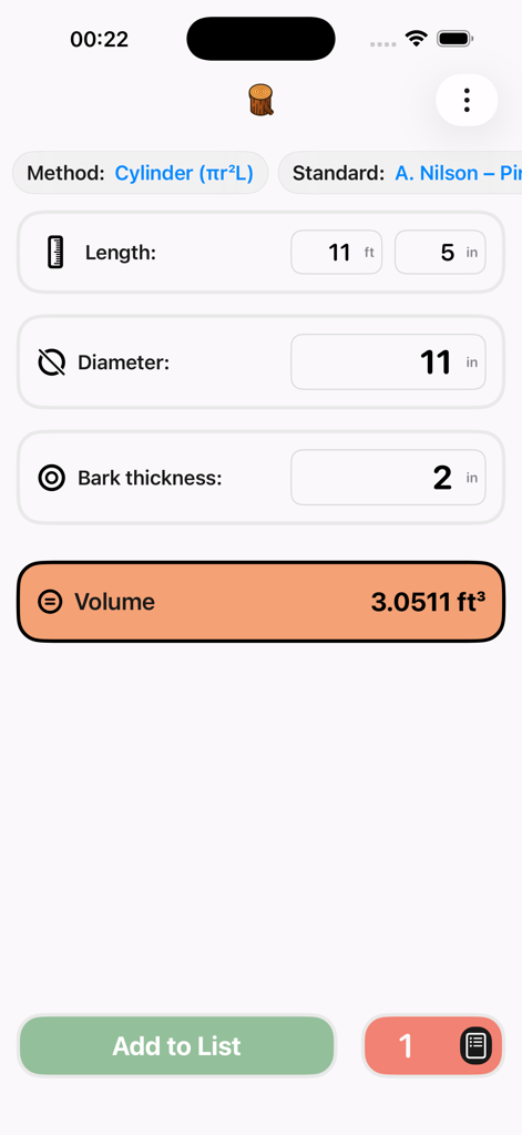 Timber Volume Master - Interface de l'application Timber Volume Master calculant le volume de bois en pieds cubes en utilisant des unités impériales