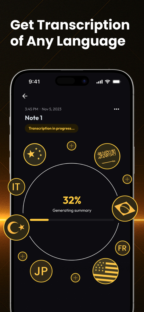 AI Note Taking: Notalist - Notalist app screen showing AI summary generation with multi-language icons