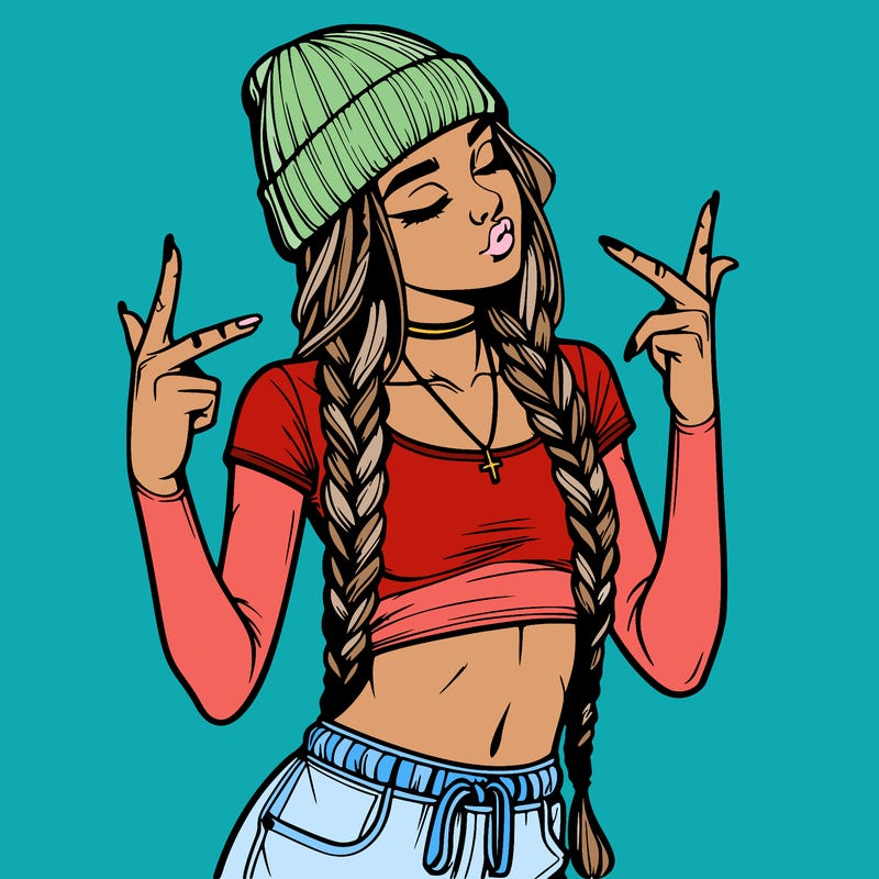 realistic teenage girl with braids and a beanie and crop top doing 🫶🏼