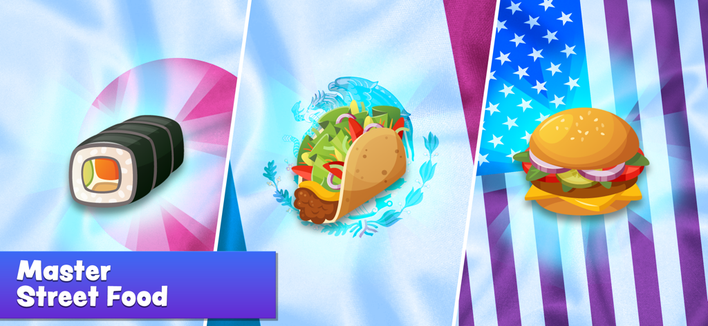 Food Truck Chef™: Cooking Game - Three international street foods including sushi taco and burger over their national flags