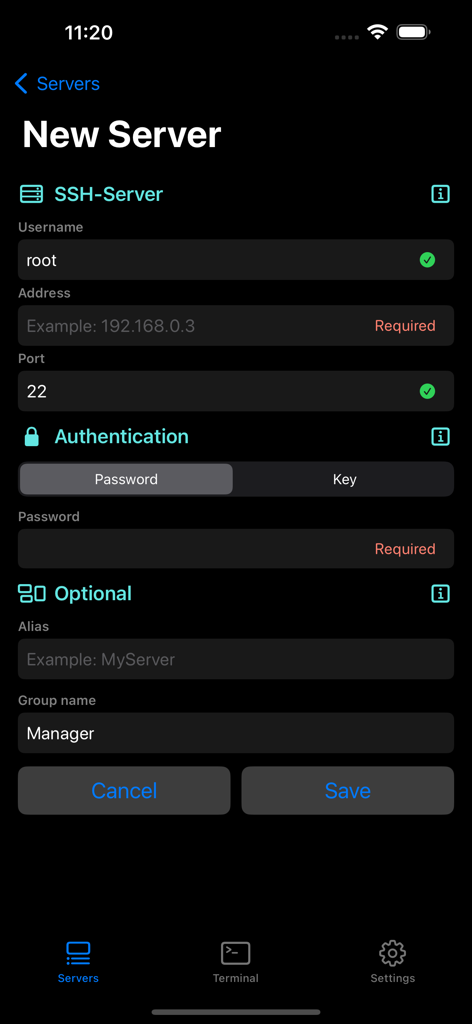 Terminal# - A mobile screen showing the setup form for a new SSH server connection in the Terminal sharp app