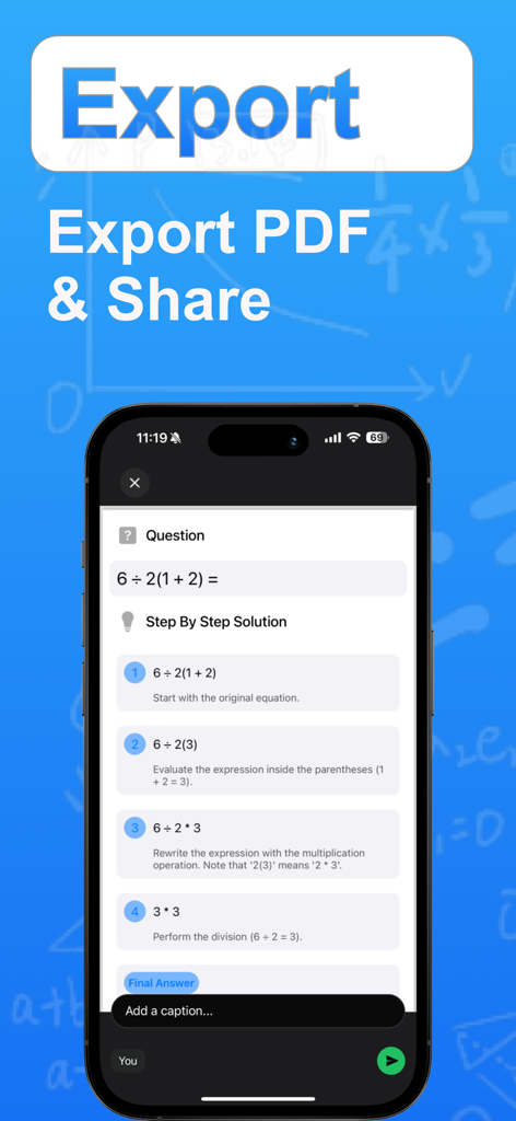Calculus Solver - Math Answers - Math solver app showing step by step solution and PDF export option