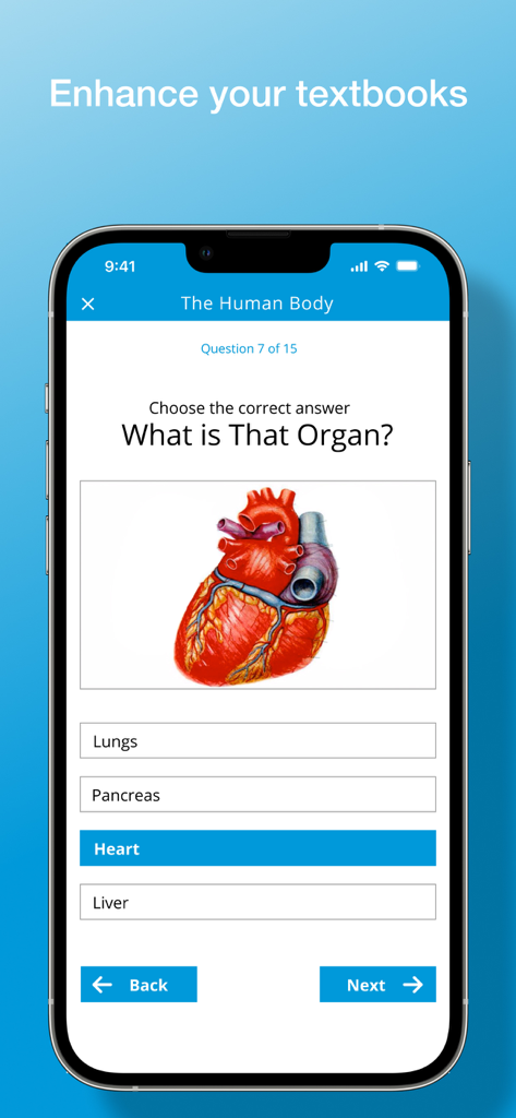 Classoos - Classoos mobile app displaying a multiple choice biology quiz about identifying human organs.