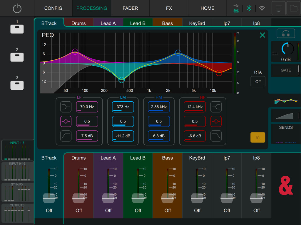 CQ MixPad app showing parametric EQ settings and channel faders for digital audio mixing