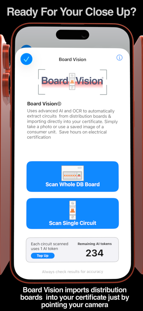 iCertifi - iCertifi app Board Vision screen showing AI powered circuit extraction from electrical distribution boards
