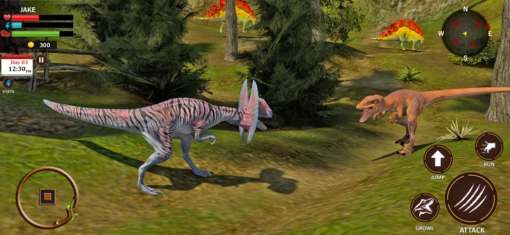Gameplay of Wild Dinosaur Survival Sim 3D showing a dinosaur battle in a 3D open world jungle