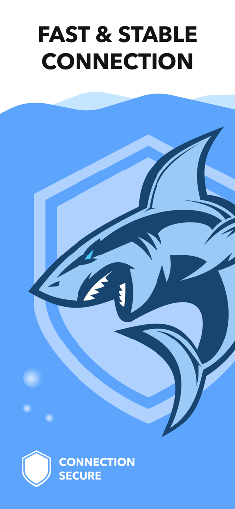 Interfaccia dell'app Shark VPN che mostra una mascotte di squalo blu all'interno di uno scudo con testo che promuove una connessione veloce e stabile