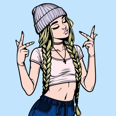 realistic teenage girl with braids and a beanie and crop top doing 🫶🏼