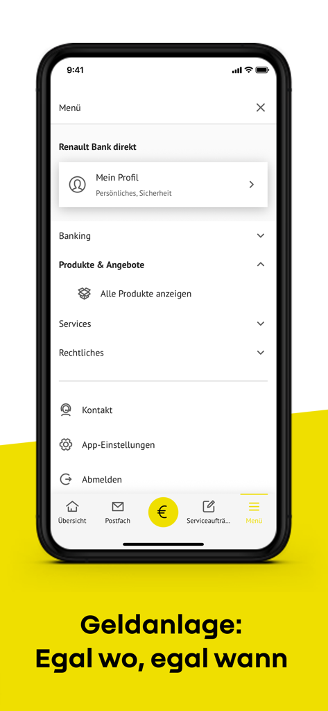 Menu de l'application Renault Bank direkt montrant le profil du compte et les services bancaires sur un smartphone.