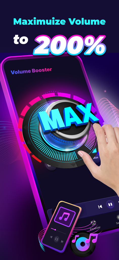 Una mano girando un dial grande para maximizar el volumen al 200 por ciento en la interfaz de la aplicación Volume Booster