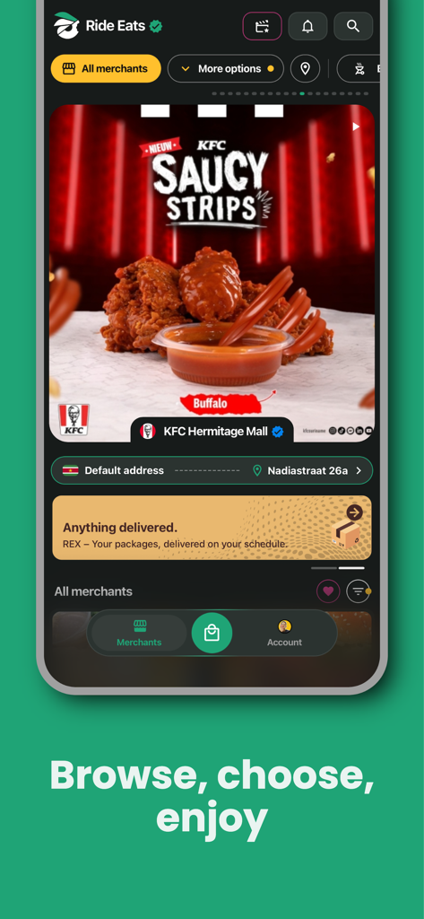 Ride Eats mobile app home screen showcasing food discovery with a high quality KFC promotion and a modern user interface