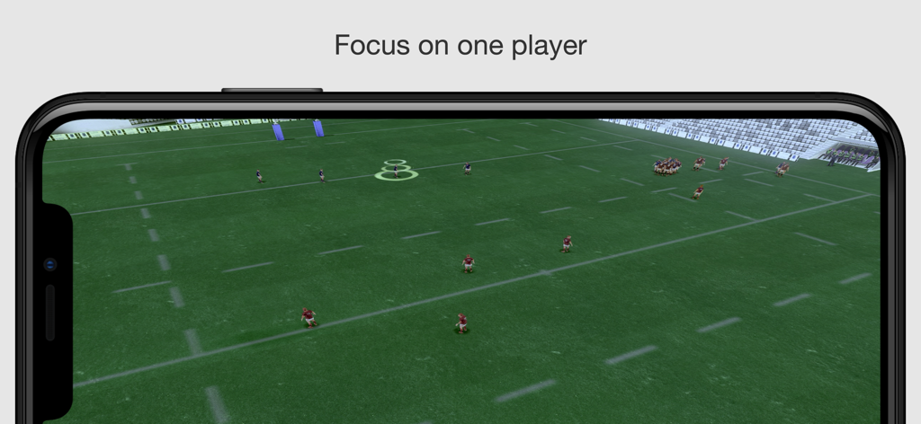 Una simulación 3D de un campo de rugby con un enfoque destacado en un solo jugador para entrenamiento táctico