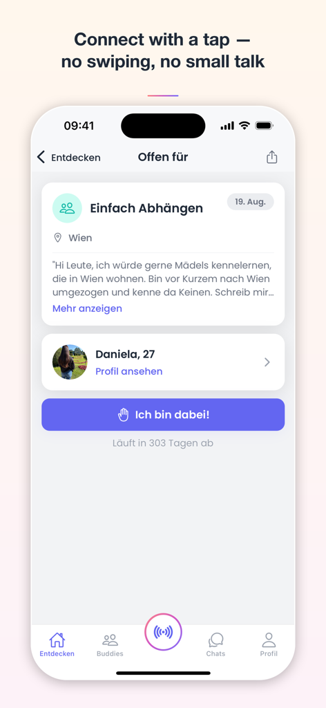 BuddyMe — Meet New People - Interface do aplicativo BuddyMe mostrando um sinal social de um usuário querendo conhecer novas pessoas e sair localmente.