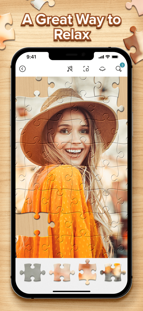 Jigsaw Puzzles: Puzzle Game HD - 미소를 짓는 여성의 직소 퍼즐과 '긴장을 풀 수 있는 좋은 방법'이라는 문구가 표시된 스마트폰 화면.