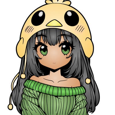 anime girl with chick shaped hat with sweater with bare shoulders with bangs covering them one eye with low tail